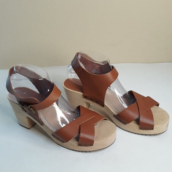 Loft Crisscross Leather Wooden Clog Platform Sandal 9.5 Brown Swedish Boho - Picture 1 of 13